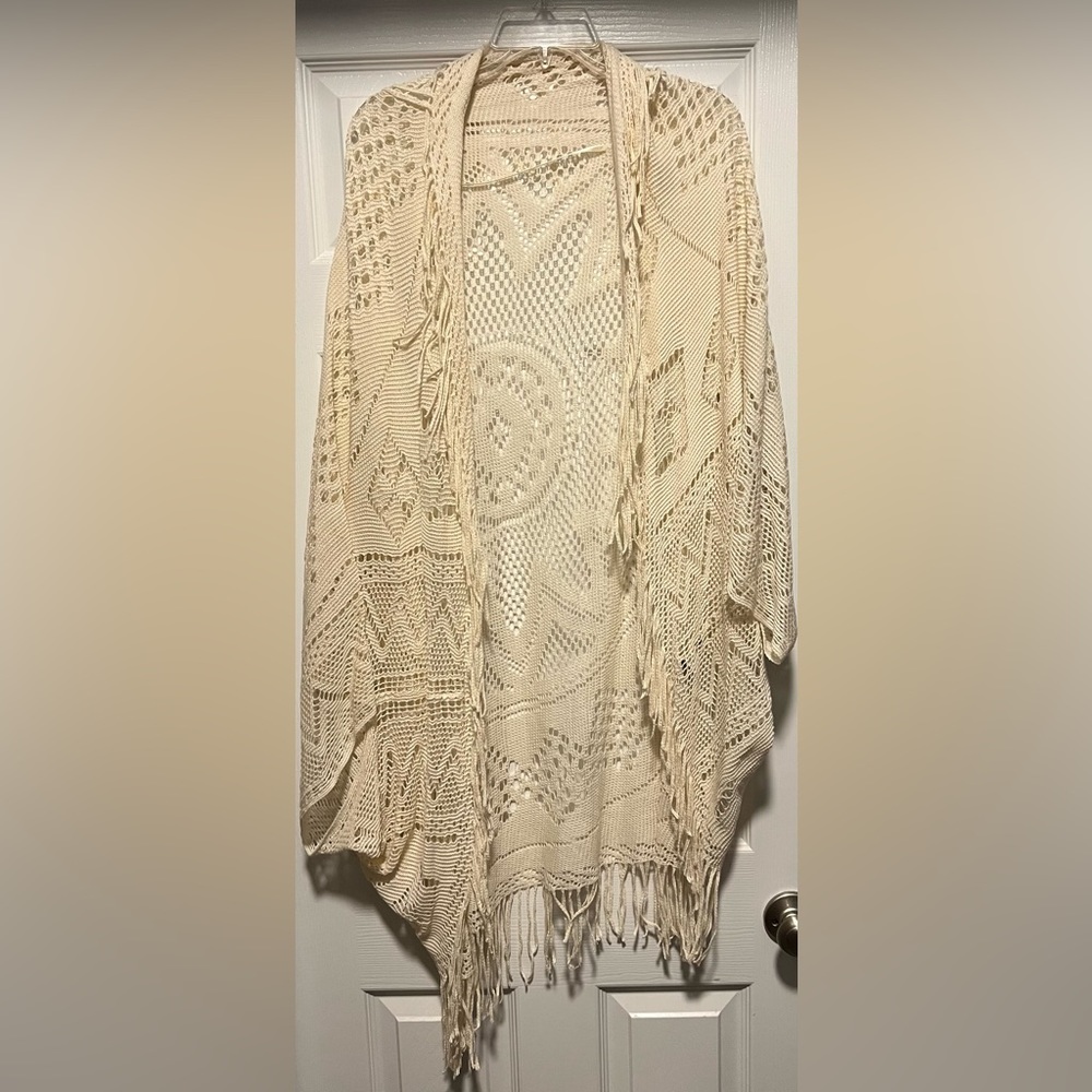 American Eagle OS shawl with fringe beige 100% cotton summer cardigan